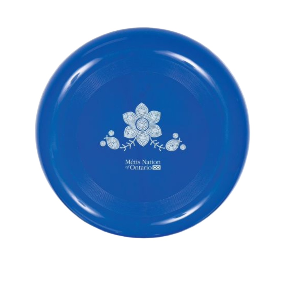 Blue plate with a white floral design and text on a white background